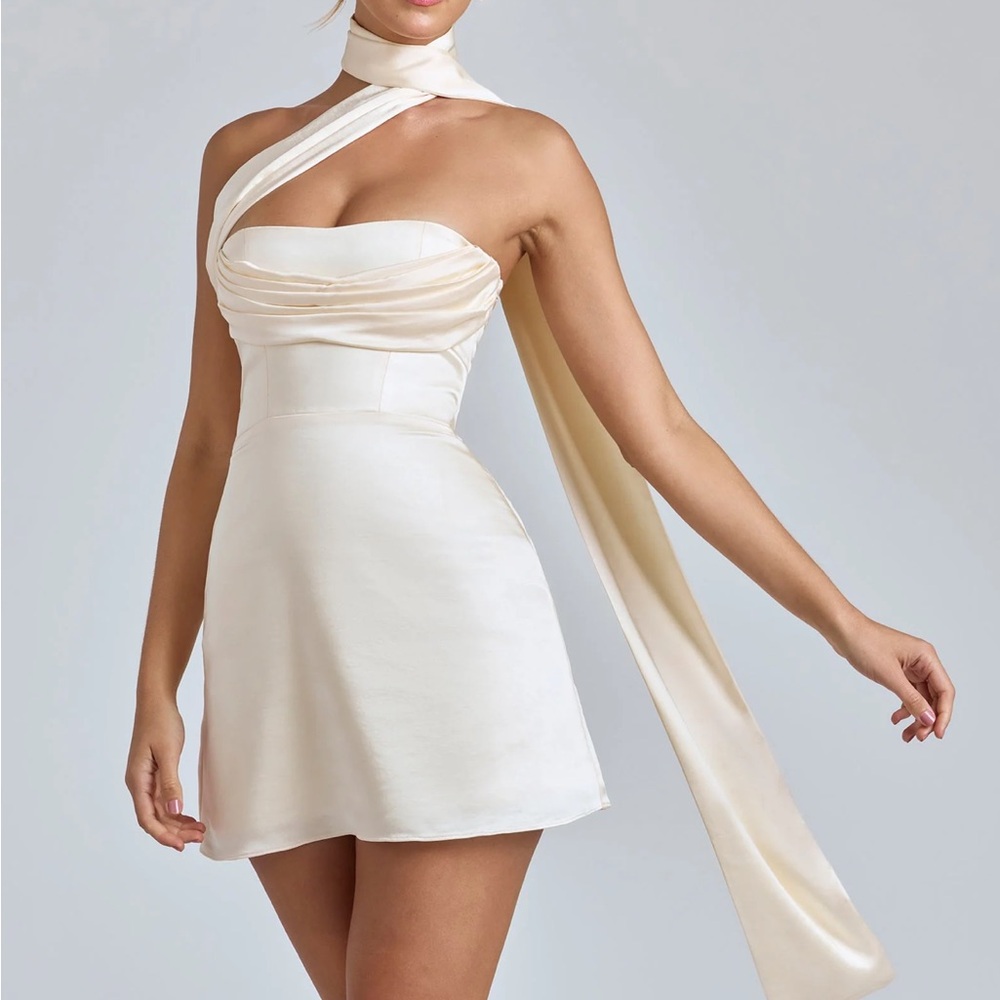 Oh Polly One-Shoulder Cream Mini Dress